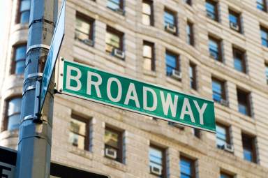 Green Broadway street sign on a post in New York city